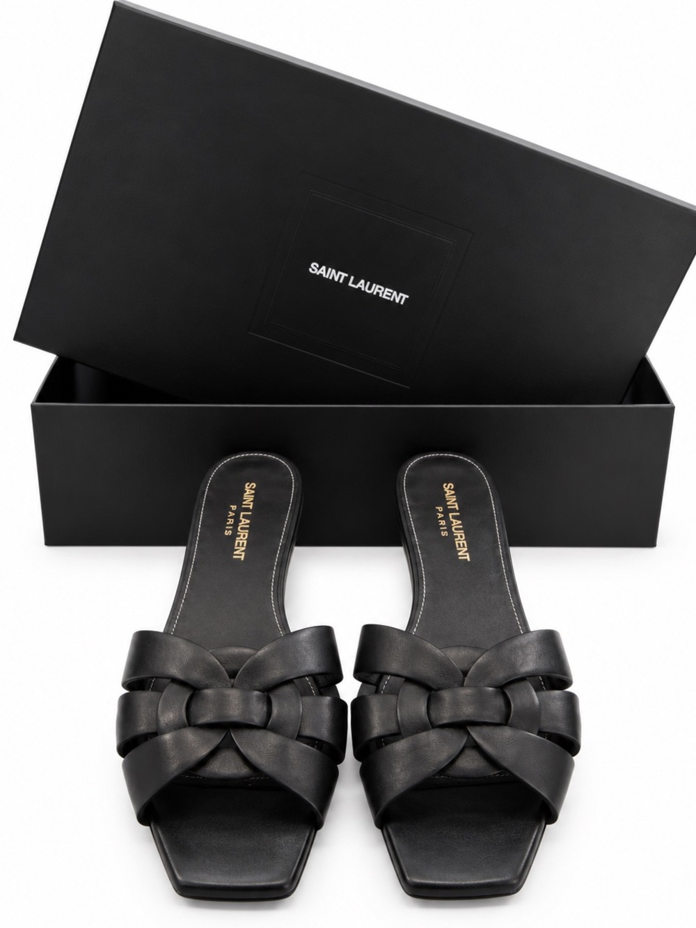 Saint Laurent Tribute Flat Leather Slide Sandals Black 39.5